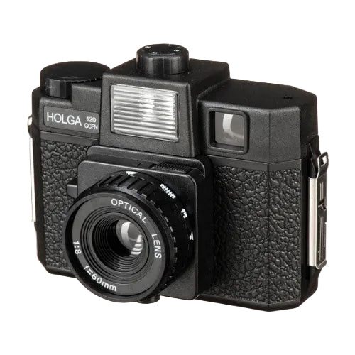 Black Holga 120GCFN medium format film camera with a 60mm glass lens, built-in flash, and textured plastic body.