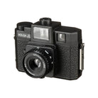 Black Holga 120GCFN medium format film camera with a glass optical lens, built-in flash, and textured plastic body.