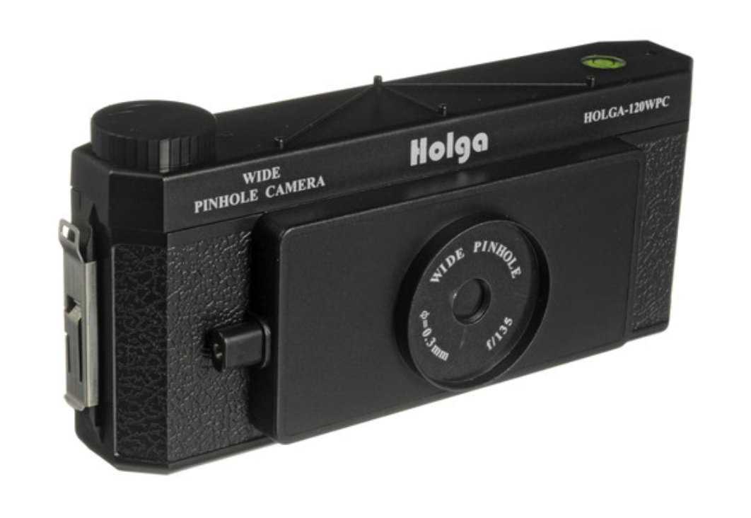 Black Holga 120 wide-angle pinhole camera with a textured body, top bubble level, and front lens aperture markings.