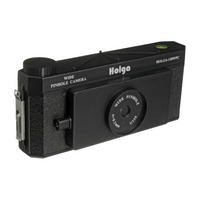 Black Holga 120 wide-angle pinhole camera with a textured body, top bubble level, and front lens aperture markings.