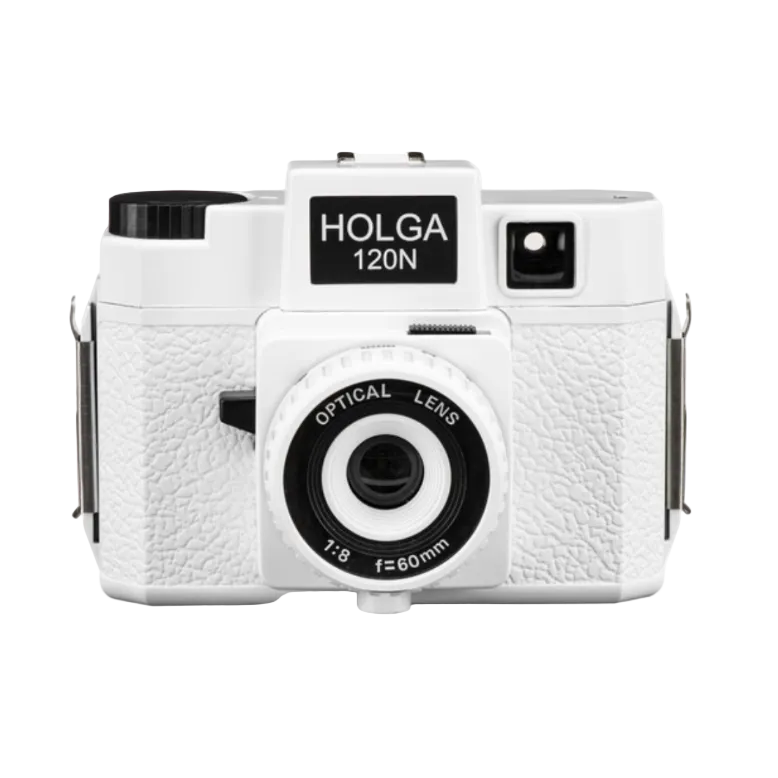 A white Holga 120N Medium Format Film Camera with visible lens and branding on the front.
