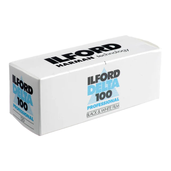 A box of Ilford Delta 100 120 black & white film.