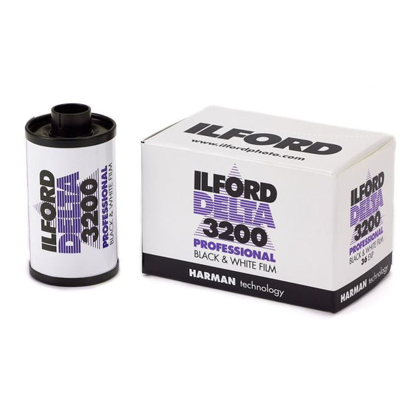 ILFORD DELTA 3200 Professional black & white film packaging and roll, with Harman technology logo
