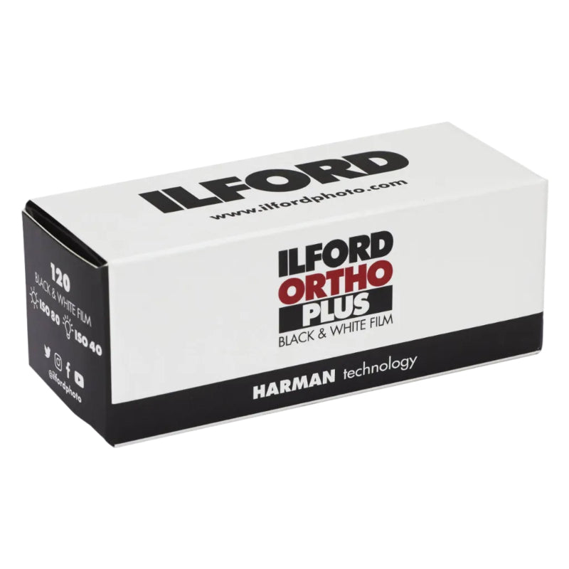 A box of Ilford Ortho Plus 120 black & white film.