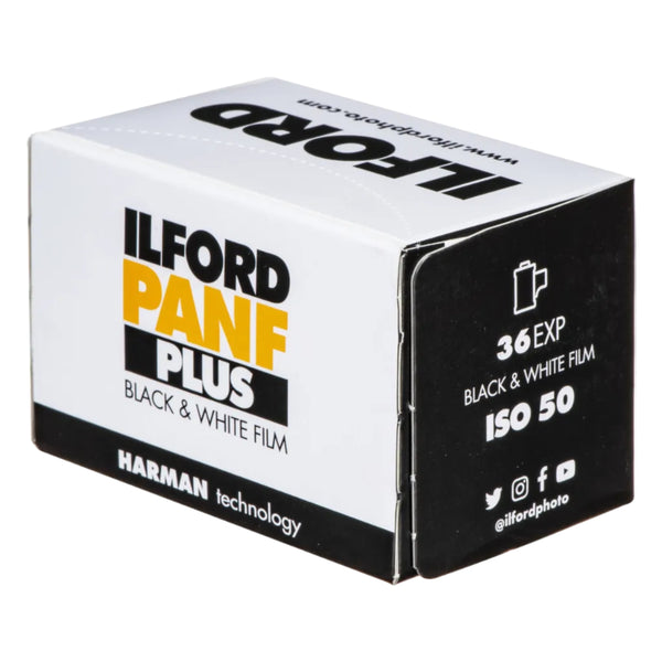 ILFORD PANF PLUS black & white film ISO 50 box, with 36 exposures, featuring brand logo and product information.