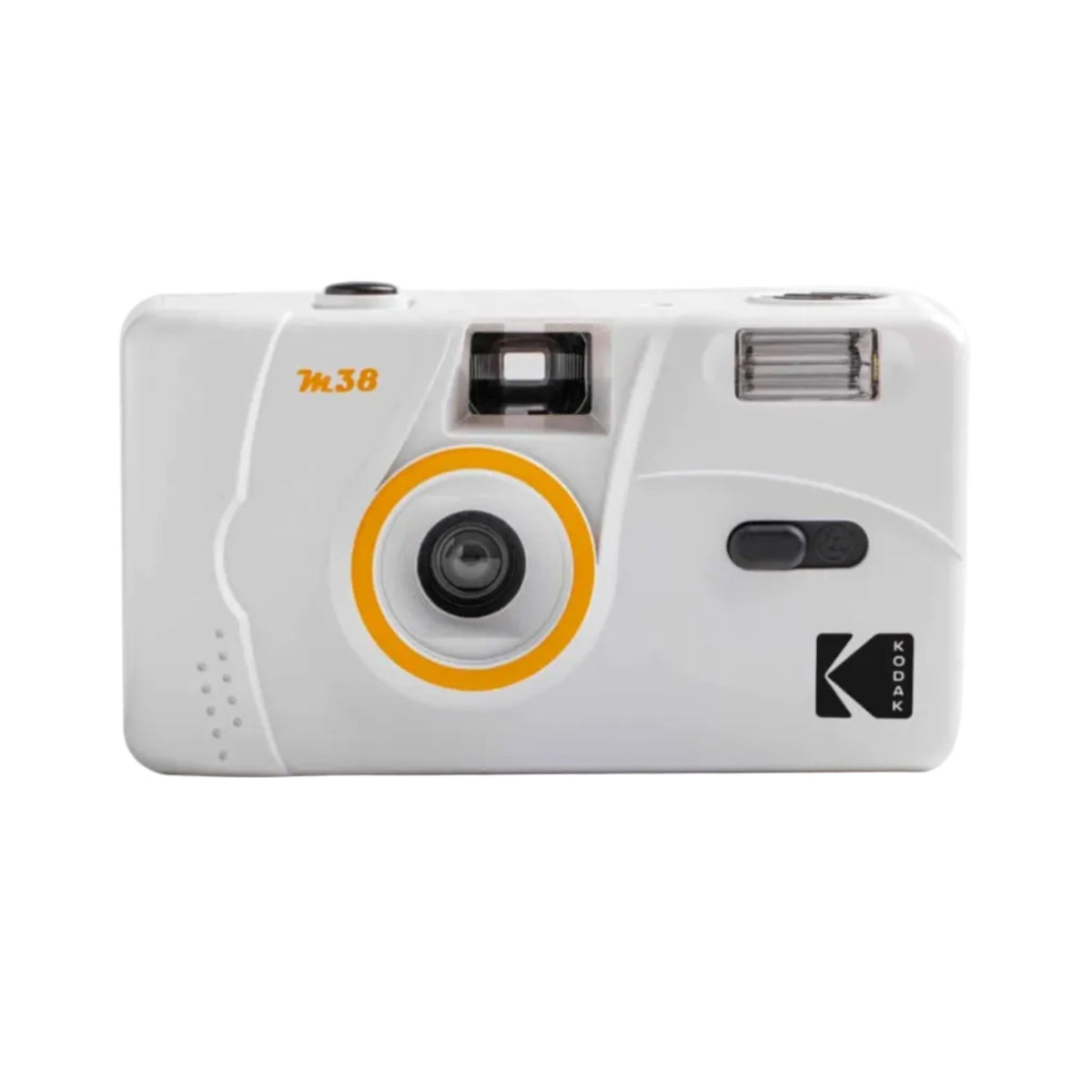 A vintage white Kodak M.38 instant camera with a white circular ring around the lens, shown against a solid white background.