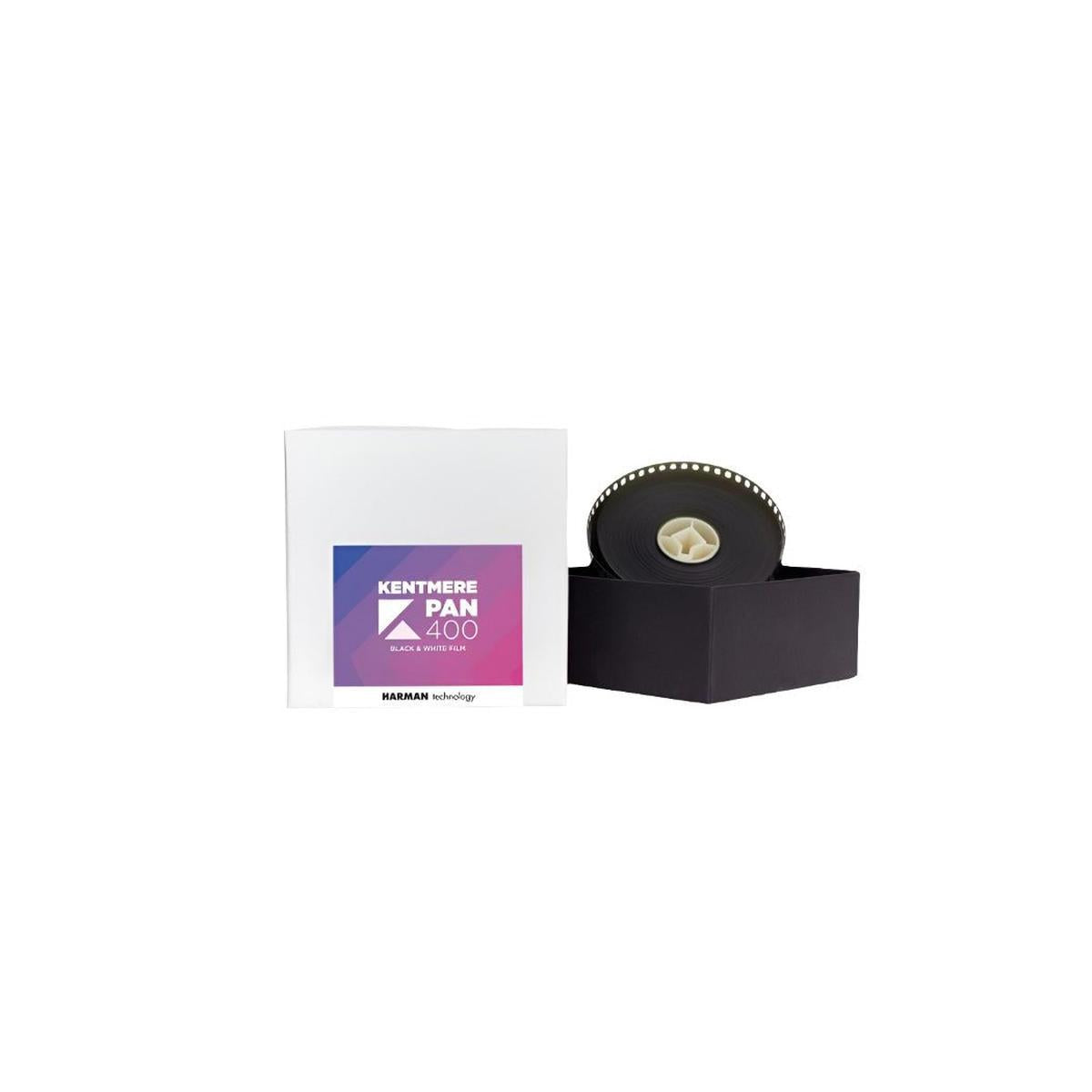 A package of Kentmere 400 35MM film with a small sample frame of the film roll visible, displayed on a black stand.