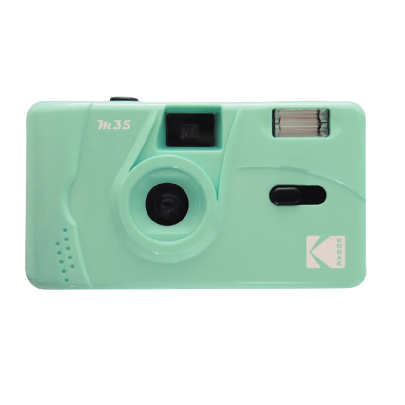 Mint green Kodak M35 35mm reusable film camera with a fixed-focus lens and built-in flash.