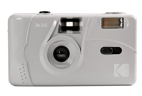 Kodak M35 reusable 35mm film camera in glossy grey with a fixed-focus lens, optical viewfinder, and built-in flash.