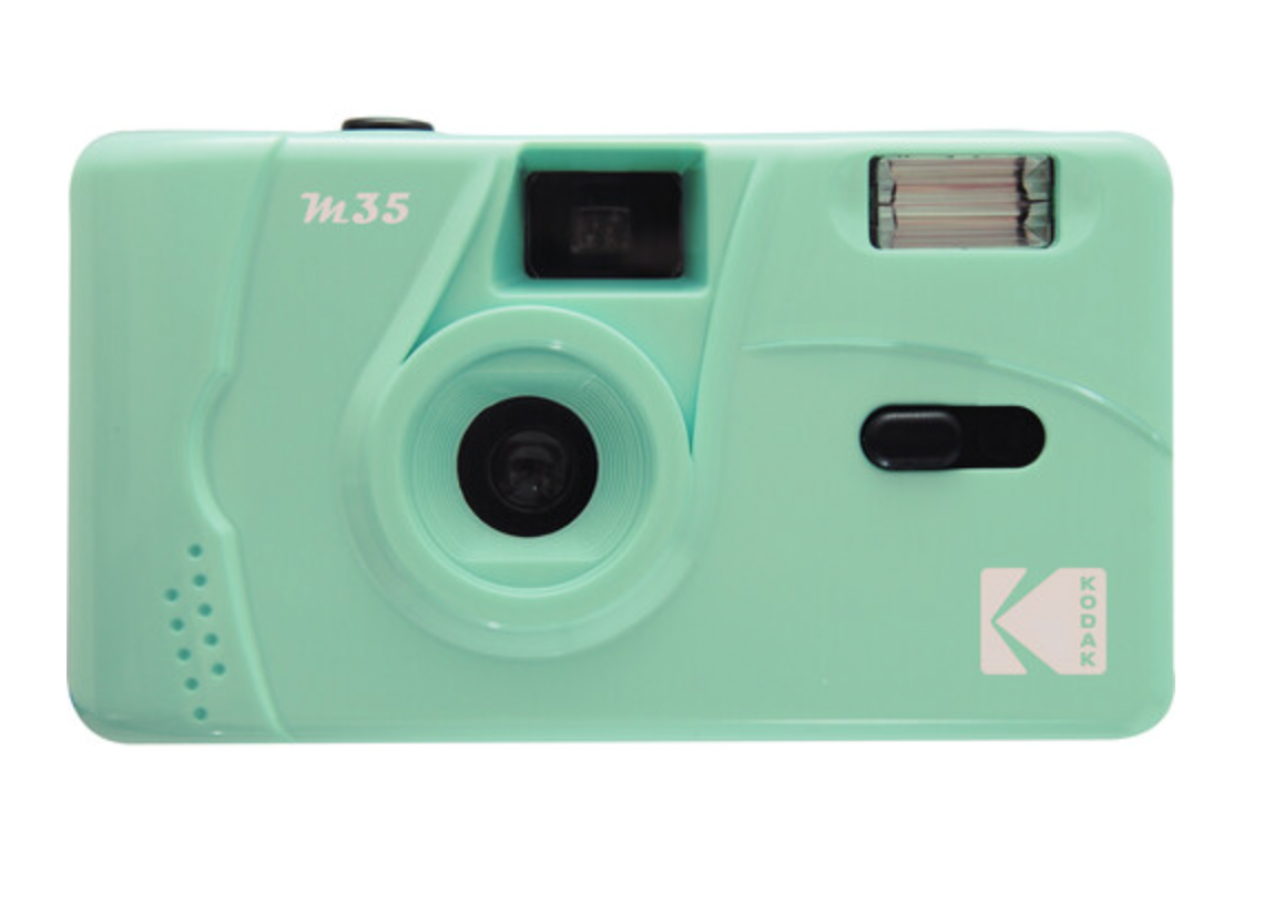 Mint green Kodak M35 35mm reusable film camera with a fixed-focus lens, optical viewfinder, and built-in flash.