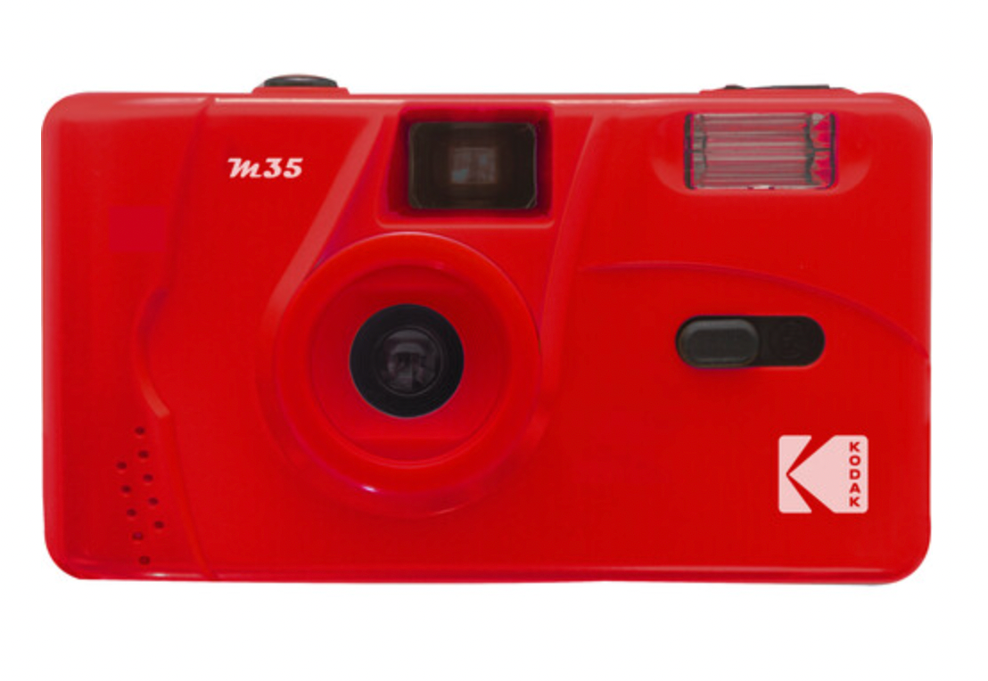 Bright red Kodak M35 35mm reusable film camera featuring a fixed-focus lens, built-in flash, and optical viewfinder.