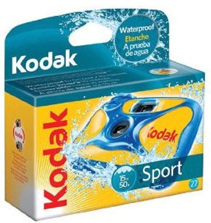 A box of Kodak Sport single use waterproof camera with a splash of water graphic indicating its waterproof feature.