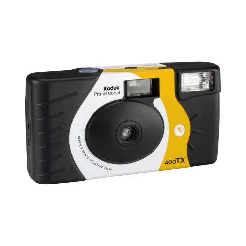 Kodak Tri-X 400 Single-Use Flash Camera with a black and yellow color scheme, featuring a lens, viewfinder, and flash.