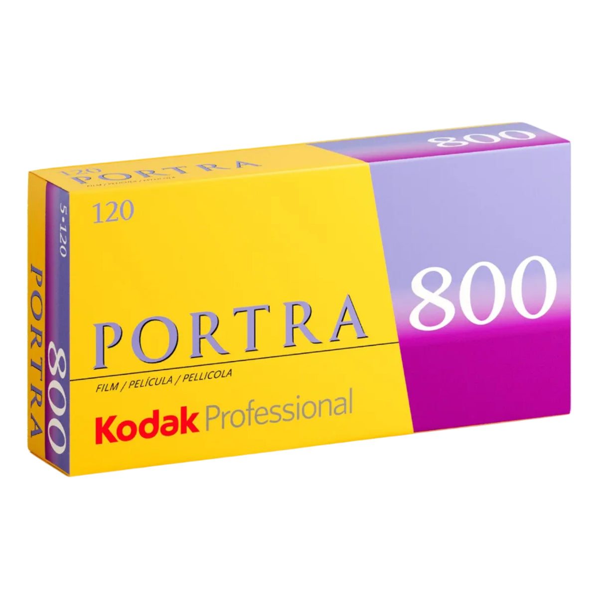 A single roll of Kodak Portra 800 120 color film in yellow, purple, and white packaging.