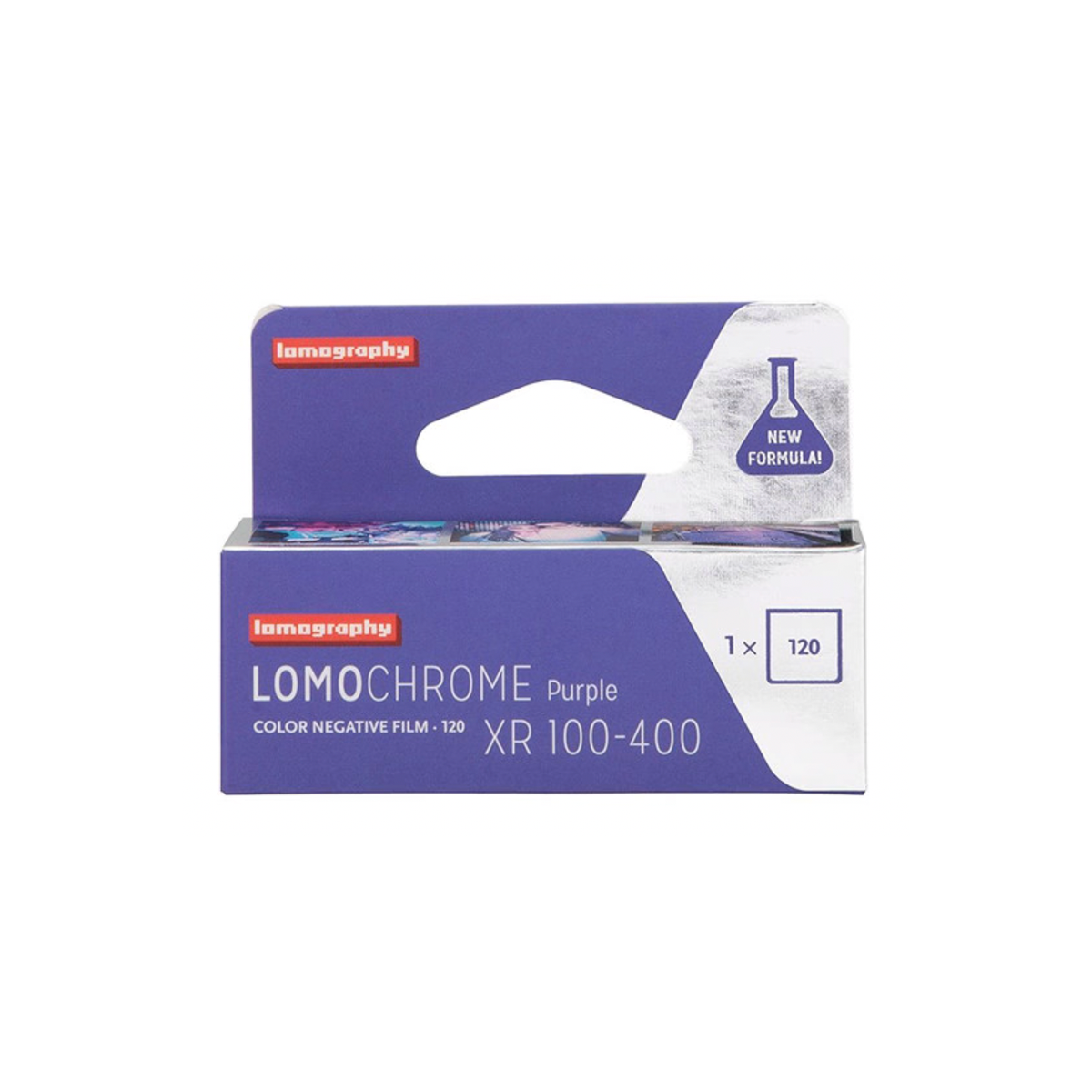 Single roll of LomoChrome Purple XR 100-400 120 color negative film in a purple and silver cardboard box.