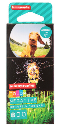 A pack of Lomography 800 Color Negative 35mm film with images of a dog and a splash of water on the packaging.