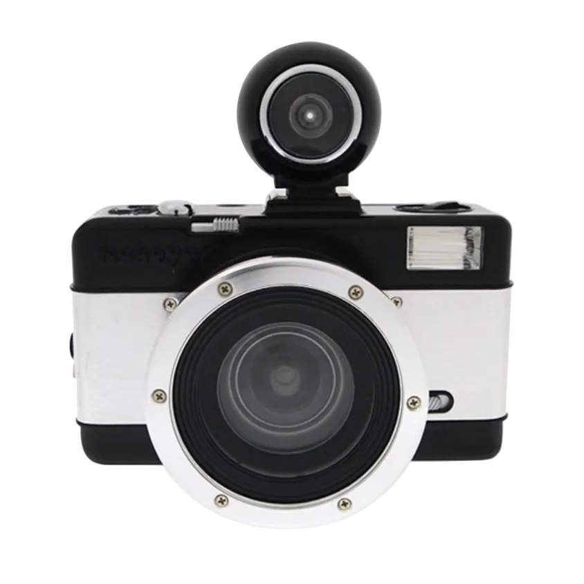 A Lomography Fisheye No. 2 35mm Camera with a black, white, and silver color scheme, featuring a wide lens and a flash on top.