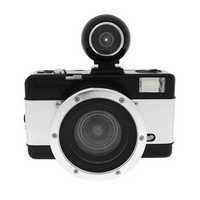 A Lomography Fisheye No. 2 35mm Camera with a black, white, and silver color scheme, featuring a wide lens and a flash on top.