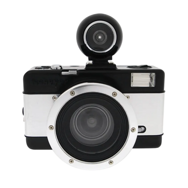 A Lomography Fisheye No. 2 35mm Camera with a black, white, and silver color scheme, featuring a wide lens and a flash on top.