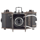 A vintage-style Lomono camera with a black body, brown wooden frame elements, a silver lens, and a white strap, shown against a plain white background.