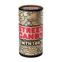 A carboard container of Street Candy MTN 100 black and white camera film with branding and design elements in pink.
