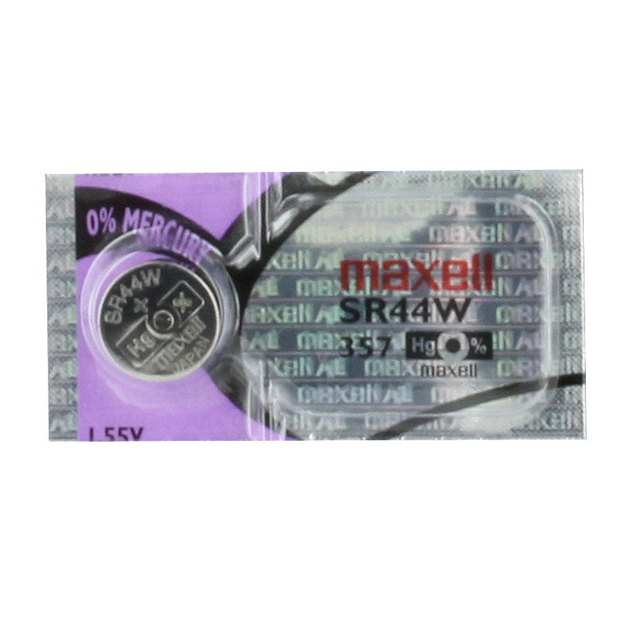 A Maxell SR44W 1.55V coin cell battery in its original blister packaging, featuring a purple and silver design with the Maxell brand name.