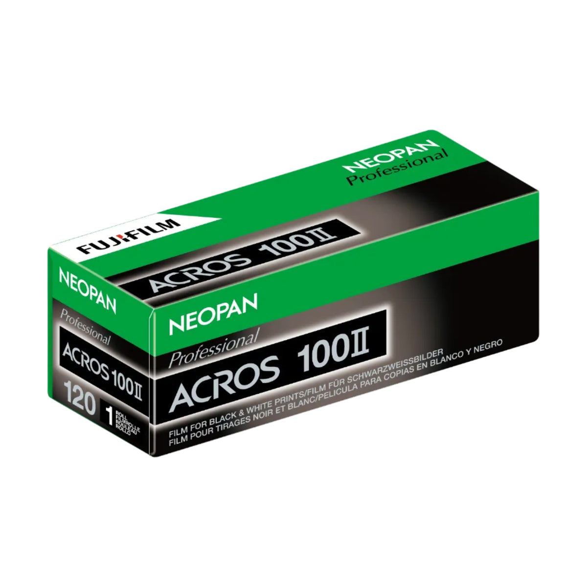 Fujifilm Neopan Acros 100II film packaging on a white background
