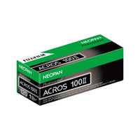 Fujifilm Neopan Acros 100II film packaging on a white background
