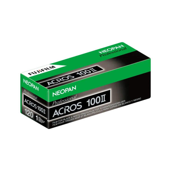 Fujifilm Neopan Acros 100II film packaging on a white background