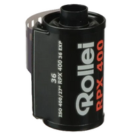 A black and white negative film roll labeled Rollei RPX 400 with 36 exposures.