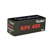 A box of Rollei RPX 400 black and white negative film for 120 roll cameras.
