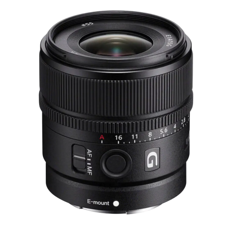 Sony E 15mm f/1.4 G Lens, a black E-mount lens with visible focus and zoom rings.