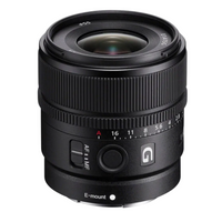 Sony E 15mm f/1.4 G Lens, a black E-mount lens with visible focus and zoom rings.
