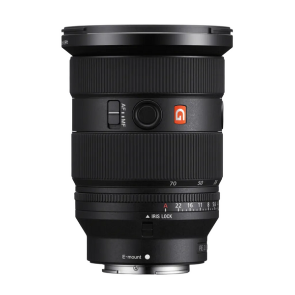 Sony FE 24-70mm f/2.8 GM II Lens, a professional-grade full-frame interchangeable lens for cameras, showing focal length markings and a switch for aperture locking.