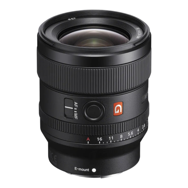 Sony FE 24mm f/1.4 GM lens, black in color, with focus and zoom rings visible.