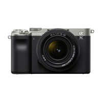 Sony a7C Mirrorless Digital Camera with 28-60mm lens, in silver color, showcasing the front view with the lens visible.