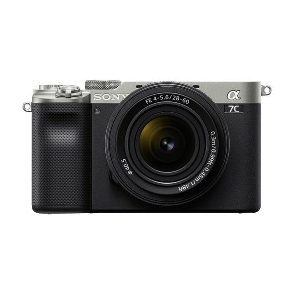 Sony a7C Mirrorless Digital Camera with 28-60mm lens, in silver color, showcasing the front view with the lens visible.
