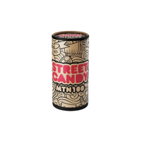 A carboard container of Street Candy MTN 100 black and white camera film with branding and design elements in pink.