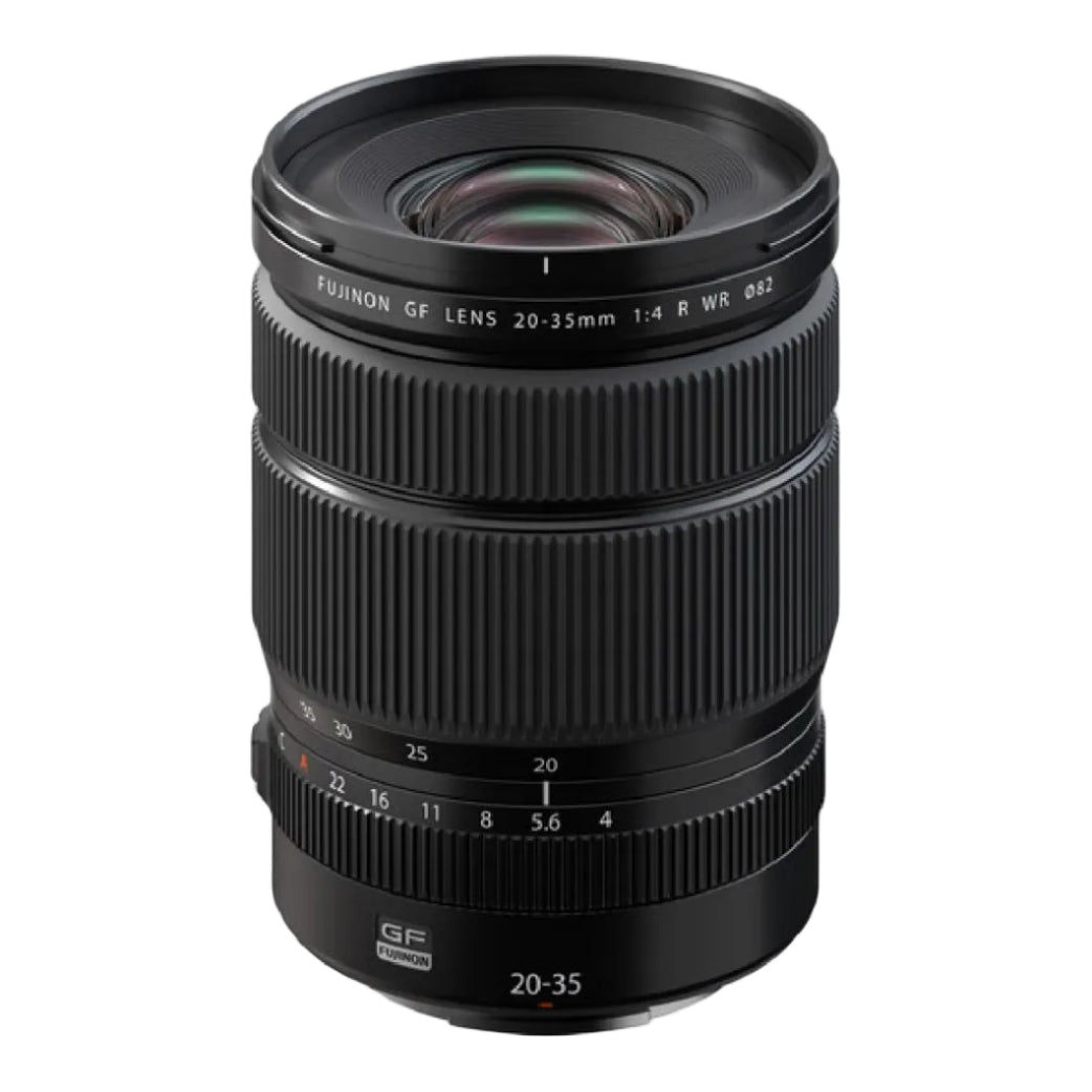A black Fujinon GF lens 20-35mm 1:4 R WR 42mm camera lens with white text markings and a silver metal mount ring, shown on a plain white background.