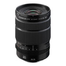 A black Fujinon GF lens 20-35mm 1:4 R WR 42mm camera lens with white text markings and a silver metal mount ring, shown on a plain white background.
