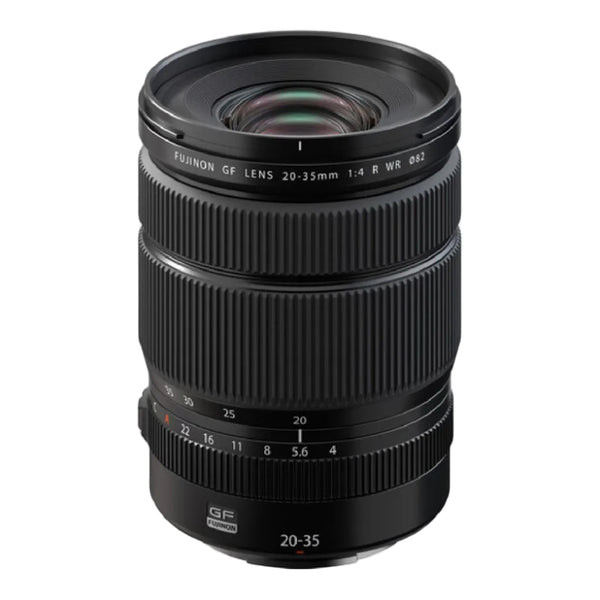 A black Fujinon GF lens 20-35mm 1:4 R WR 42mm camera lens with white text markings and a silver metal mount ring, shown on a plain white background.