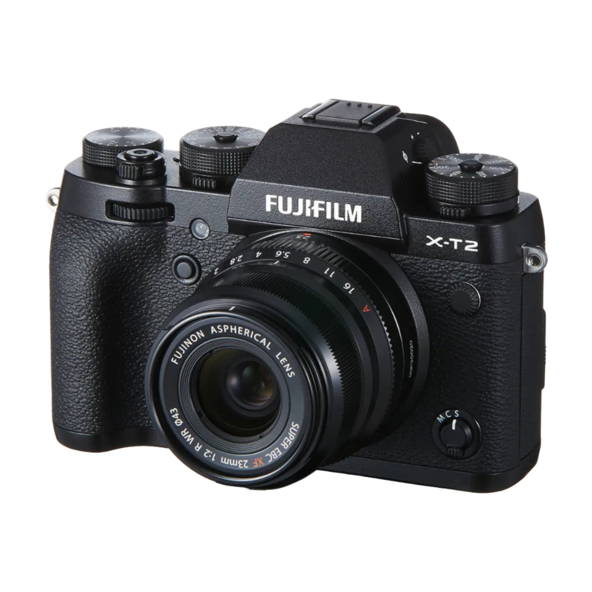 Black Fujifilm camera with lens on a white background