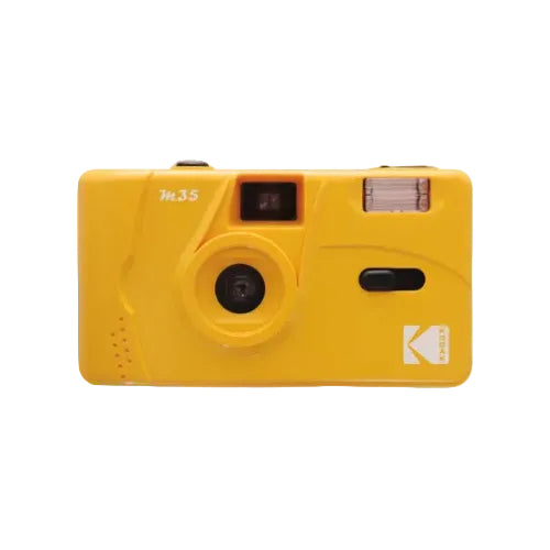 Bright yellow Kodak M35 35mm reusable film camera with a fixed-focus lens, built-in flash, and optical viewfinder.