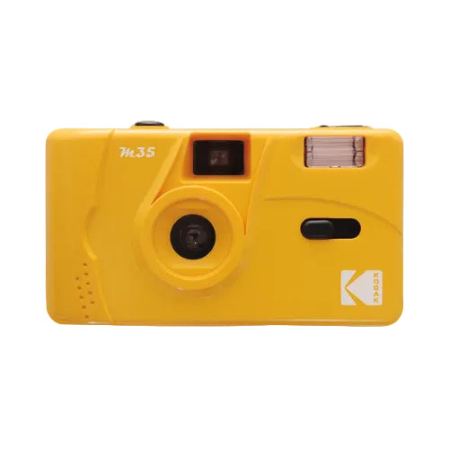 Bright yellow Kodak M35 35mm reusable film camera with a fixed-focus lens, built-in flash, and optical viewfinder.