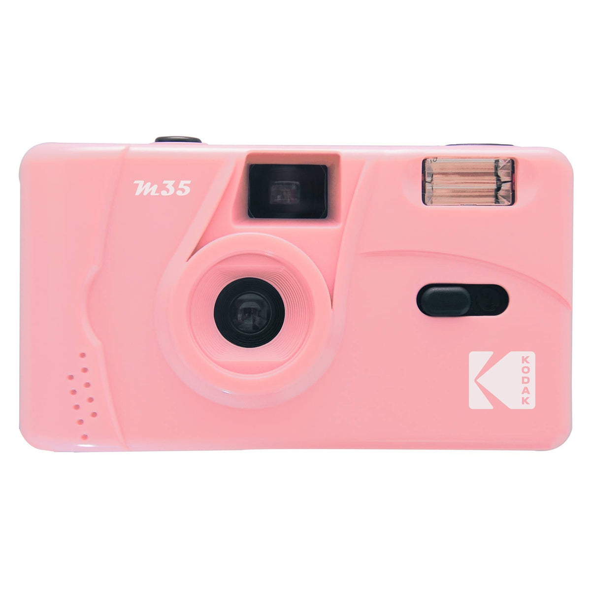 Pastel pink Kodak M35 35mm reusable film camera with a fixed-focus lens, built-in flash, and optical viewfinder.