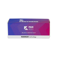 A box of Kentmere Pan 400 black and white film with Harman technology branding on the packaging.