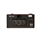 A black RETO3D Classic Film Camera with a triple-lens design and flash, indicating 3D capabilities.