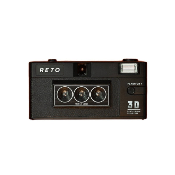 A black RETO3D Classic Film Camera with a triple-lens design and flash, indicating 3D capabilities.