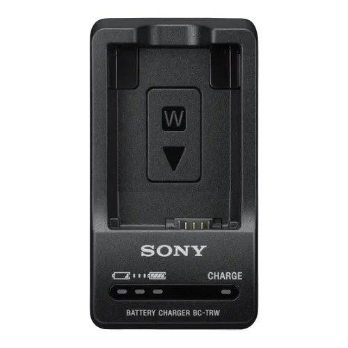 A black Sony battery charger with a retractable US plug, designed for the Sony NP-FW50 battery.